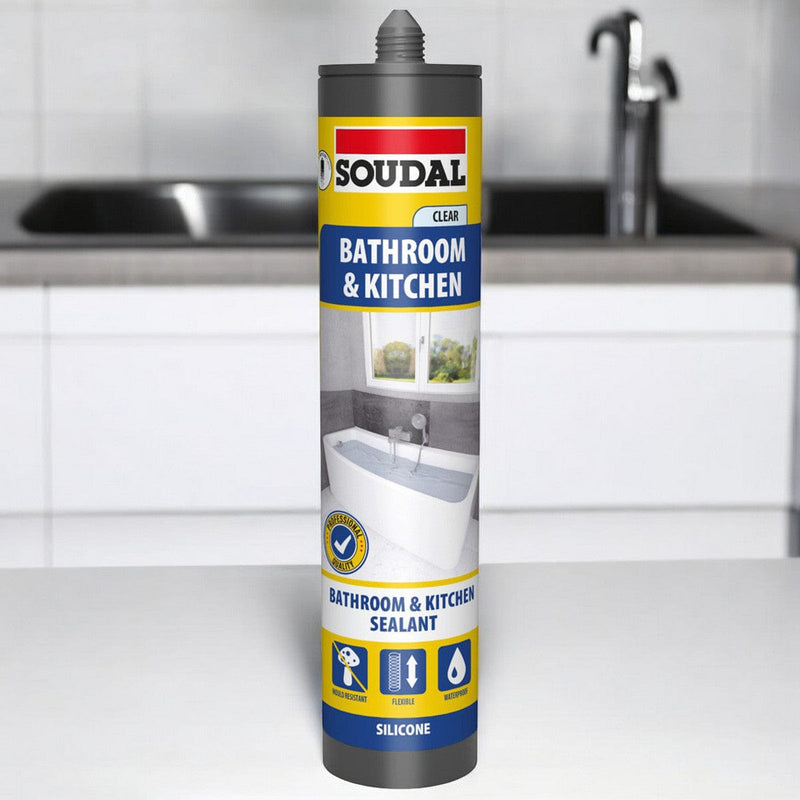 tooltime.co.uk Silicone Sealant 6 x Soudal Kitchen and Bathroom Silicone Sealant | Waterproof Flexible Filler | White or Clear 290ml