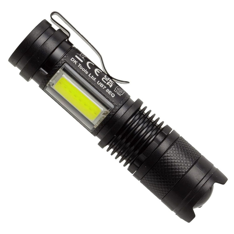 tooltime.co.uk USB Rechargeable Torch Mini Pocket Flashlight COB LED Adjustable Beam & Strobe