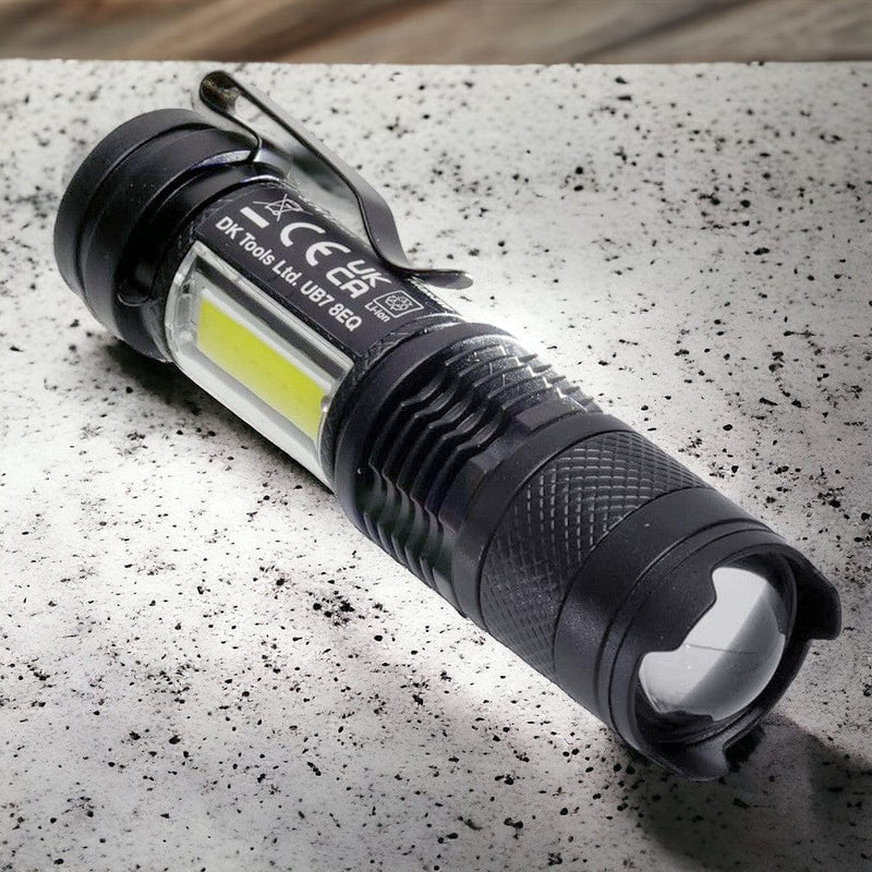 tooltime.co.uk USB Rechargeable Torch Mini Pocket Flashlight COB LED Adjustable Beam & Strobe