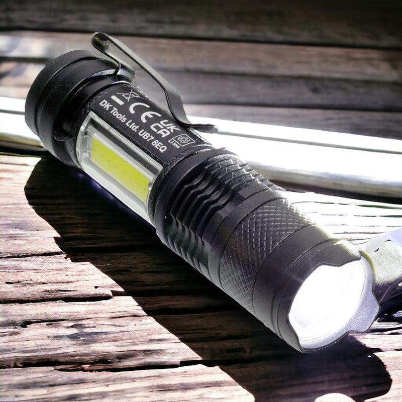 tooltime.co.uk USB Rechargeable Torch Mini Pocket Flashlight COB LED Adjustable Beam & Strobe