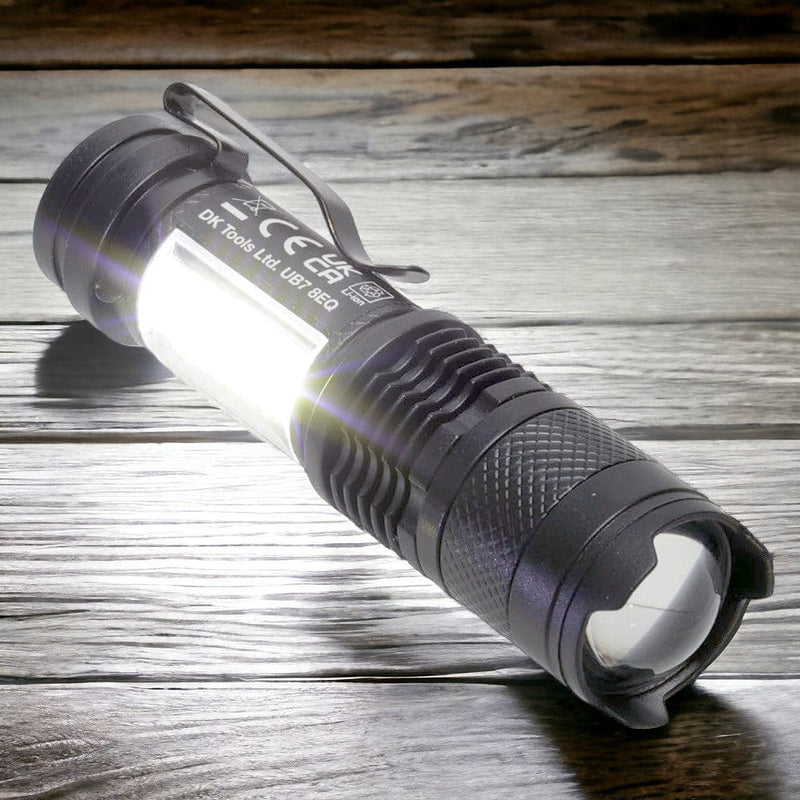 tooltime.co.uk USB Rechargeable Torch Mini Pocket Flashlight COB LED Adjustable Beam & Strobe