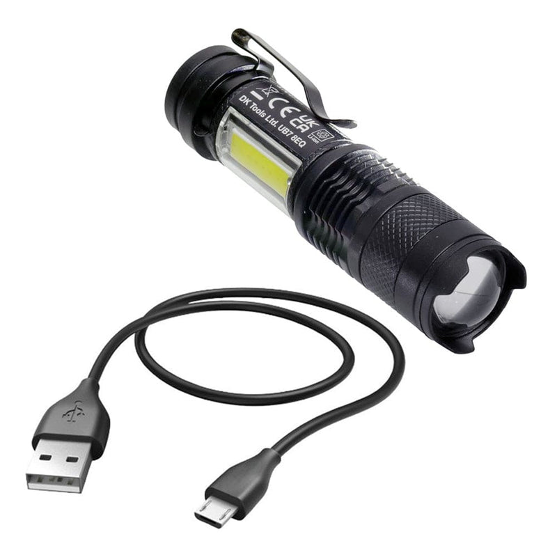 tooltime.co.uk USB Rechargeable Torch Mini Pocket Flashlight COB LED Adjustable Beam & Strobe