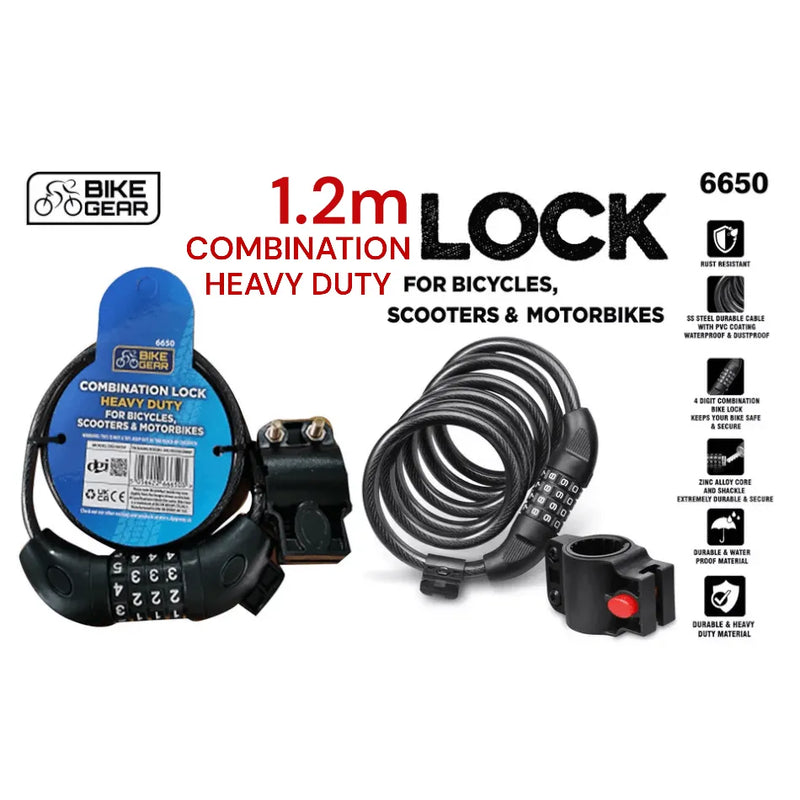 tooltime Combination Cable Lock Bike Lock 4 Digit Combination Cable Heavy Duty 1.2M Bicycle Scooter Motorbike