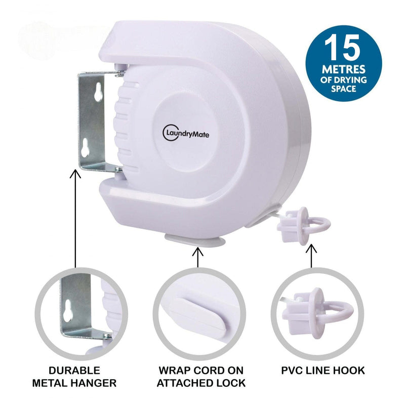 tooltime-DGI Retractable CLothes Line 15m Retractable Washing Line Wall Mounted Clothes Reel for Idoor or Outdoor Use