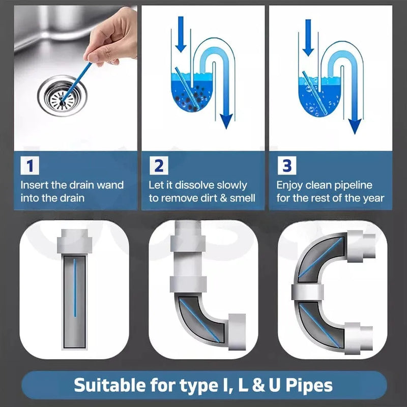 tooltime Drain Rods Rysons 12 Drain Wands Prevent Germs & Odour Clean Sink Plug Bathroom