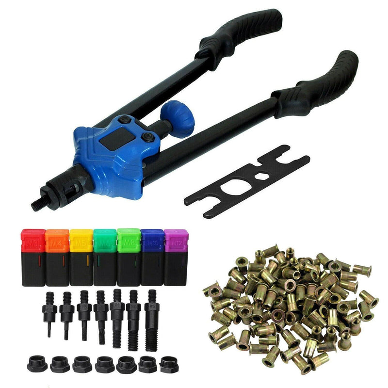 tooltime Hand Nut Riveter Hand Riveter Nutsert Rivnut Gun Repair Tool M3-M12 Mandrels + 200pc Nut Rivets