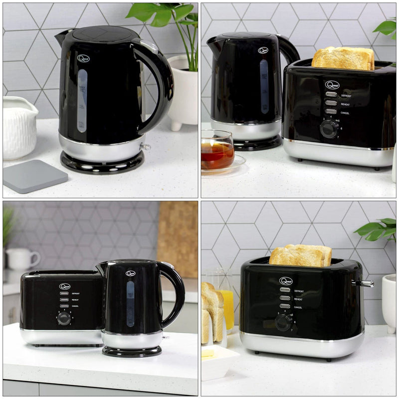 tooltime Kettle and Toaster Cordless Kettle + Toaster Set Black Silver Electric Fast Boil 2 Slice Cool Touch