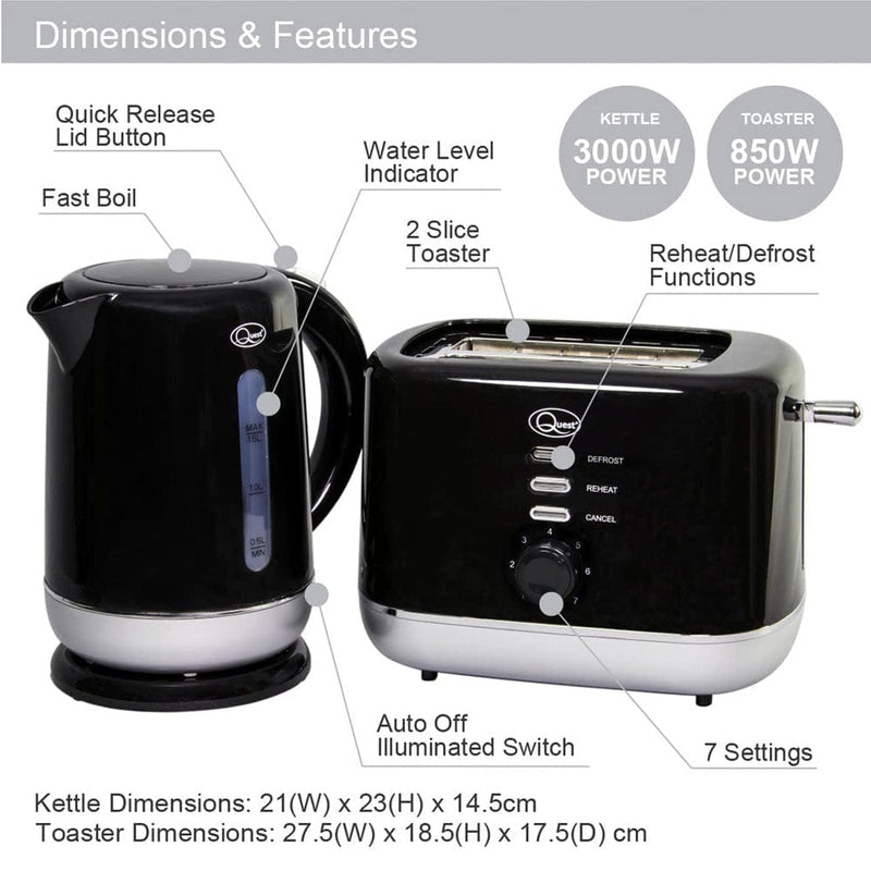 tooltime Kettle and Toaster Cordless Kettle + Toaster Set Black Silver Electric Fast Boil 2 Slice Cool Touch