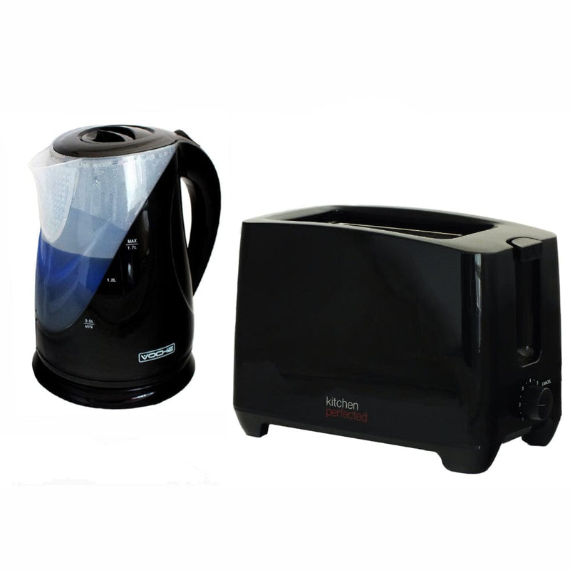 tooltime kettle Gloss Black 1.7 Litre Cordless 2200W Electric Jug Kettle + 750W 2 Slice Black Toaster