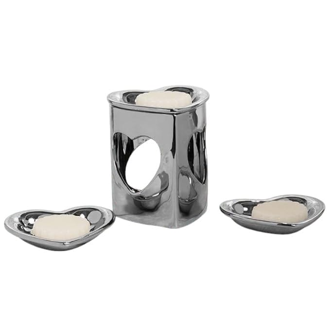 tooltime oil warmer Silver Chrome Finish Heart Ceramic Wax Melt Warmer Oil Burner Aroma 3 DISH