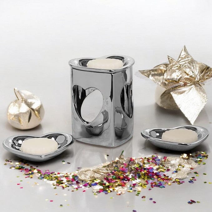 tooltime oil warmer Silver Chrome Finish Heart Ceramic Wax Melt Warmer Oil Burner Aroma 3 DISH