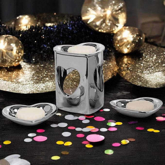 tooltime oil warmer Silver Chrome Finish Heart Ceramic Wax Melt Warmer Oil Burner Aroma 3 DISH