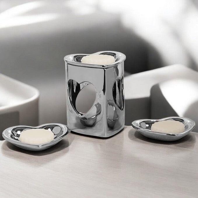 tooltime oil warmer Silver Chrome Finish Heart Ceramic Wax Melt Warmer Oil Burner Aroma 3 DISH