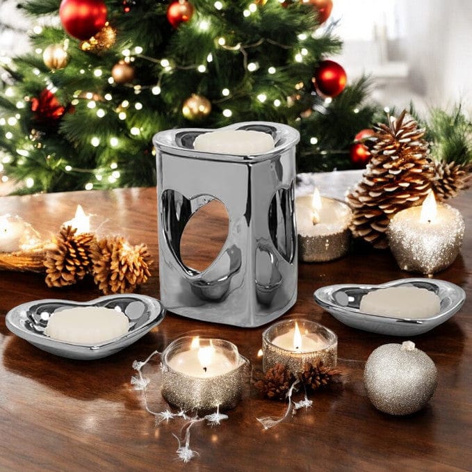 tooltime oil warmer Silver Chrome Finish Heart Ceramic Wax Melt Warmer Oil Burner Aroma 3 DISH