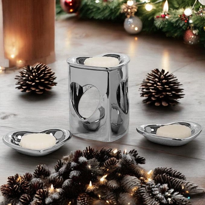 tooltime oil warmer Silver Chrome Finish Heart Ceramic Wax Melt Warmer Oil Burner Aroma 3 DISH