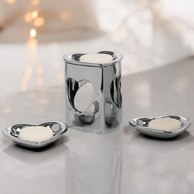 tooltime oil warmer Silver Chrome Finish Heart Ceramic Wax Melt Warmer Oil Burner Aroma 3 DISH