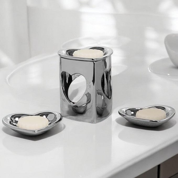 tooltime oil warmer Silver Chrome Finish Heart Ceramic Wax Melt Warmer Oil Burner Aroma 3 DISH