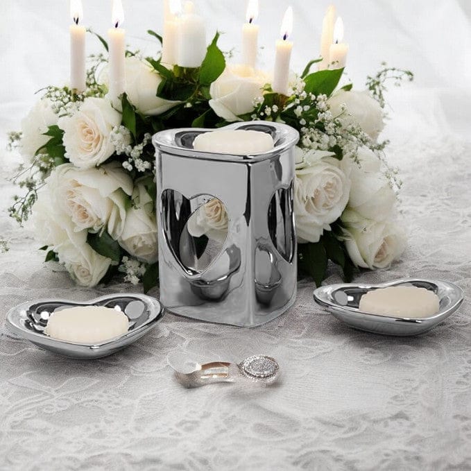 tooltime oil warmer Silver Chrome Finish Heart Ceramic Wax Melt Warmer Oil Burner Aroma 3 DISH