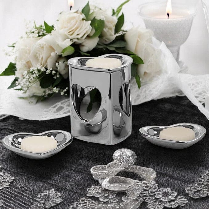 tooltime oil warmer Silver Chrome Finish Heart Ceramic Wax Melt Warmer Oil Burner Aroma 3 DISH