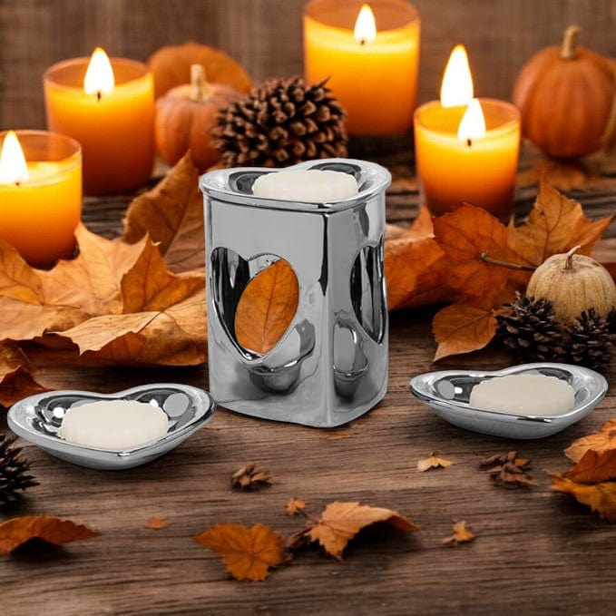 tooltime oil warmer Silver Chrome Finish Heart Ceramic Wax Melt Warmer Oil Burner Aroma 3 DISH