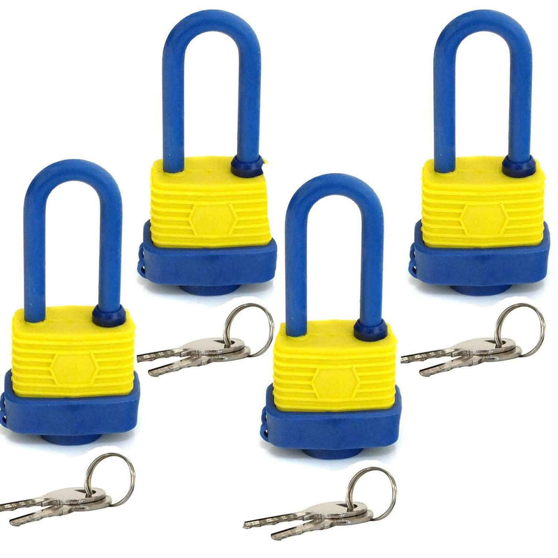 tooltime Pack of 4 Steel Padlocks 40mm Long Shank Plastic Covered Waterproof Heavy Duty