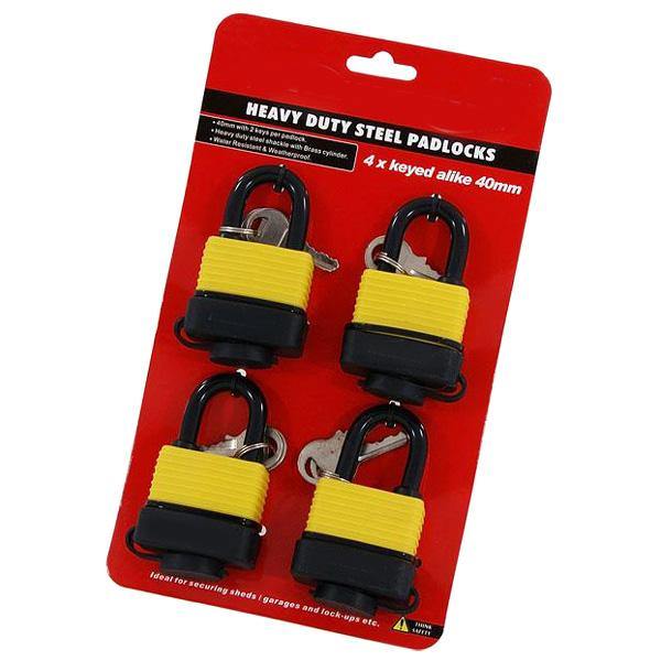 tooltime Padlock 4 X Heavy Duty 40Mm Keyed Alike Steel Padlocks Water Resistant Plastic Covered