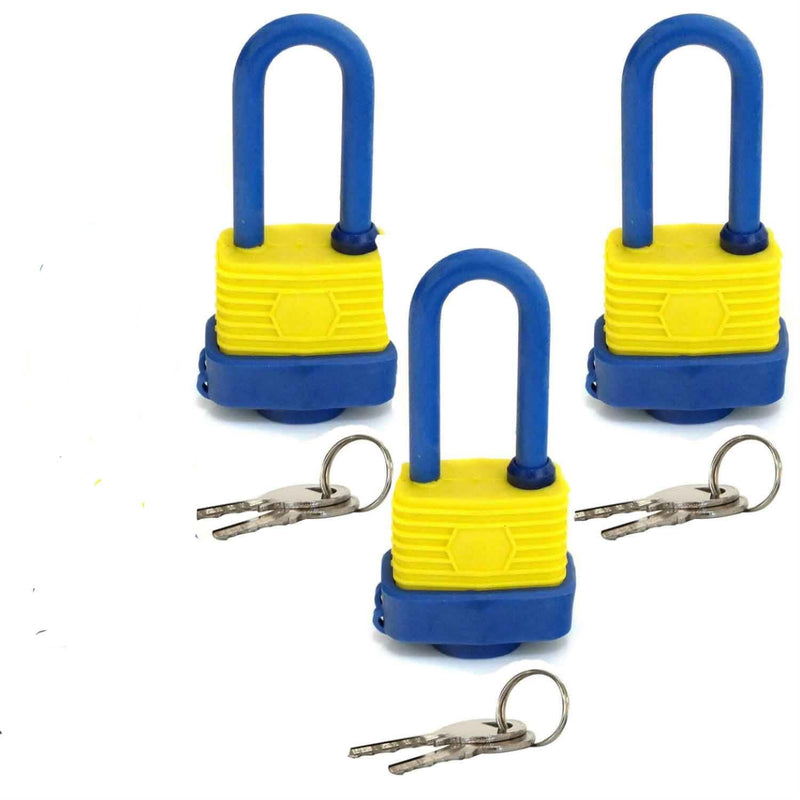 tooltime Padlocks 3 Pack of Steel Padlocks 40mm Long Shank Plastic Covered Waterproof Heavy Duty