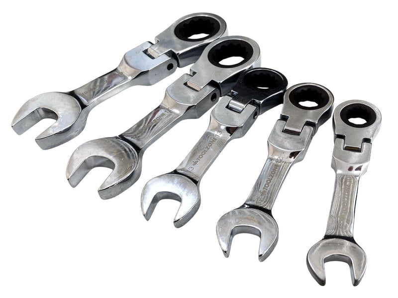 Tooltime Ratchet Spanners 5 Piece Flexi Stubby Ratchet Spanner Set Geared 72 Teeth Metric Wrenches CRV 10-19mm