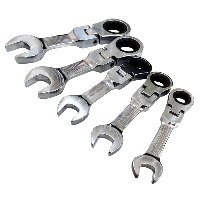 Tooltime Ratchet Spanners 5 Piece Flexi Stubby Ratchet Spanner Set Geared 72 Teeth Metric Wrenches CRV 10-19mm