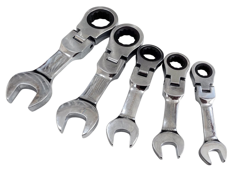 Tooltime Ratchet Spanners 5 Piece Flexi Stubby Ratchet Spanner Set Geared 72 Teeth Metric Wrenches CRV 10-19mm