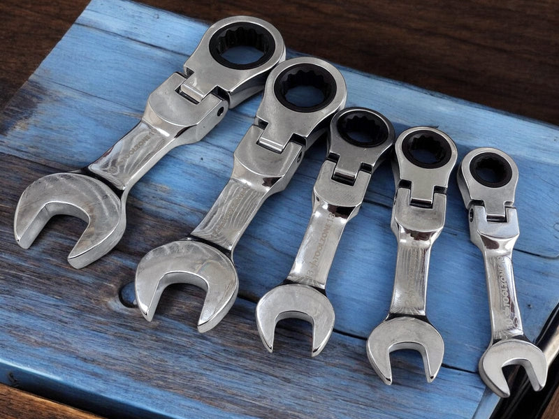 Tooltime Ratchet Spanners 5 Piece Flexi Stubby Ratchet Spanner Set Geared 72 Teeth Metric Wrenches CRV 10-19mm