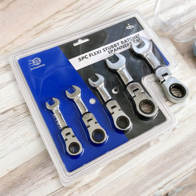 Tooltime Ratchet Spanners 5 Piece Flexi Stubby Ratchet Spanner Set Geared 72 Teeth Metric Wrenches CRV 10-19mm