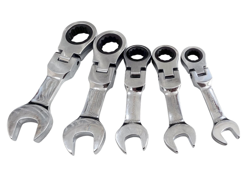 Tooltime Ratchet Spanners 5 Piece Flexi Stubby Ratchet Spanner Set Geared 72 Teeth Metric Wrenches CRV 10-19mm