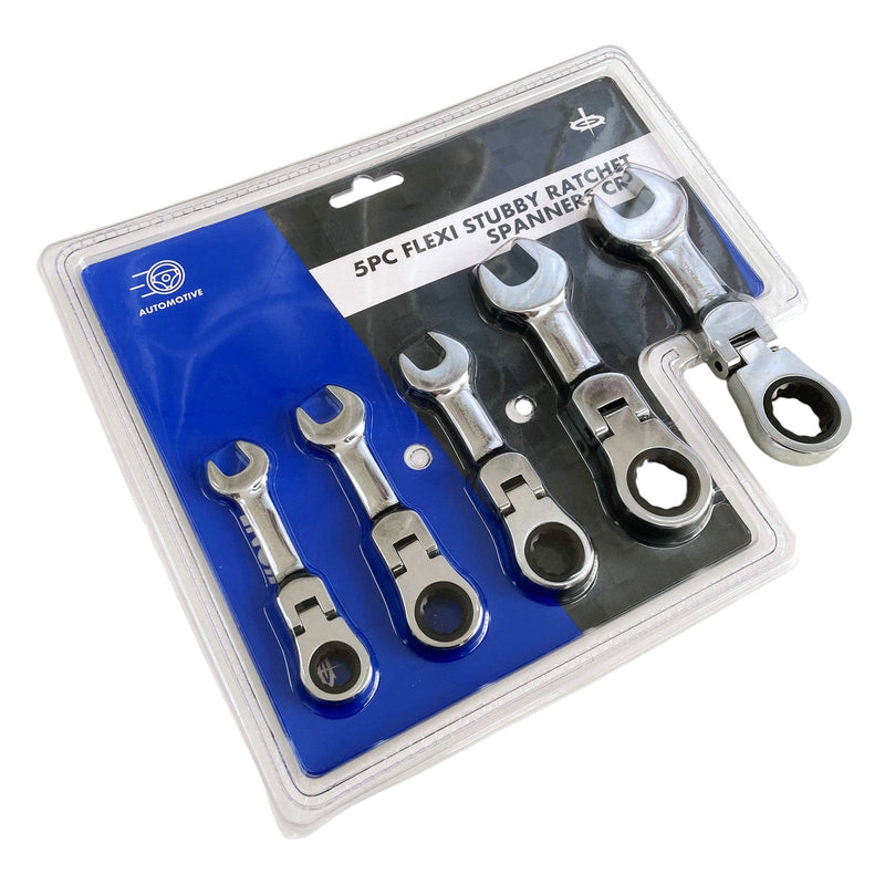 Tooltime Ratchet Spanners 5 Piece Flexi Stubby Ratchet Spanner Set Geared 72 Teeth Metric Wrenches CRV 10-19mm