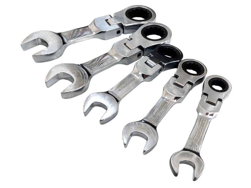 Tooltime Ratchet Spanners 5 Piece Flexi Stubby Ratchet Spanner Set Geared 72 Teeth Metric Wrenches CRV 10-19mm