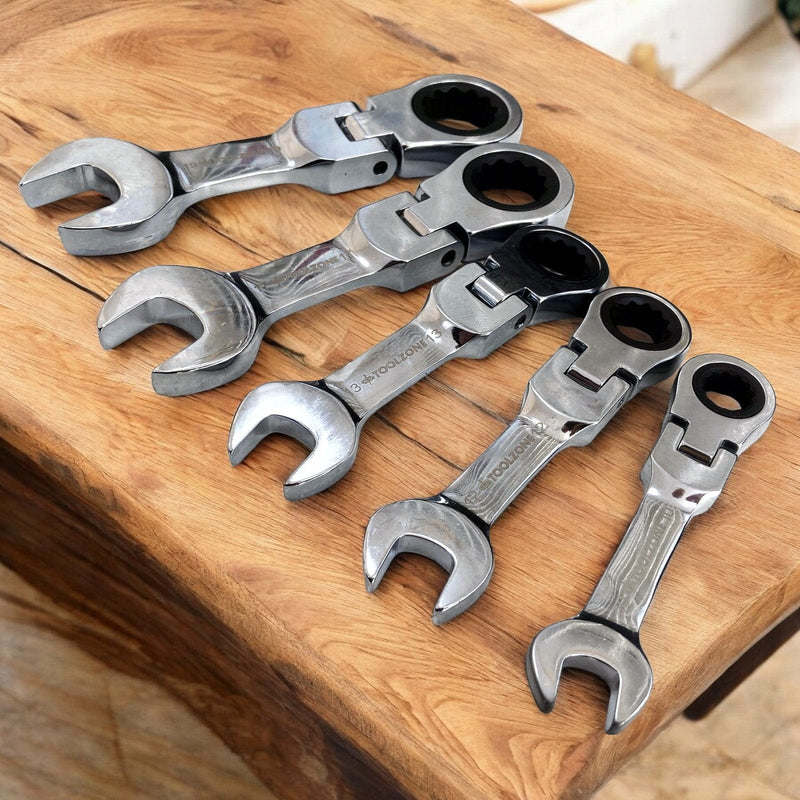 Tooltime Ratchet Spanners 5 Piece Flexi Stubby Ratchet Spanner Set Geared 72 Teeth Metric Wrenches CRV 10-19mm