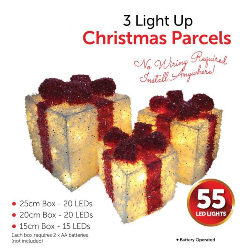 tooltime Set Of 3 Light Up LED Christmas Parcels White & Red Festive Xmas Decoration