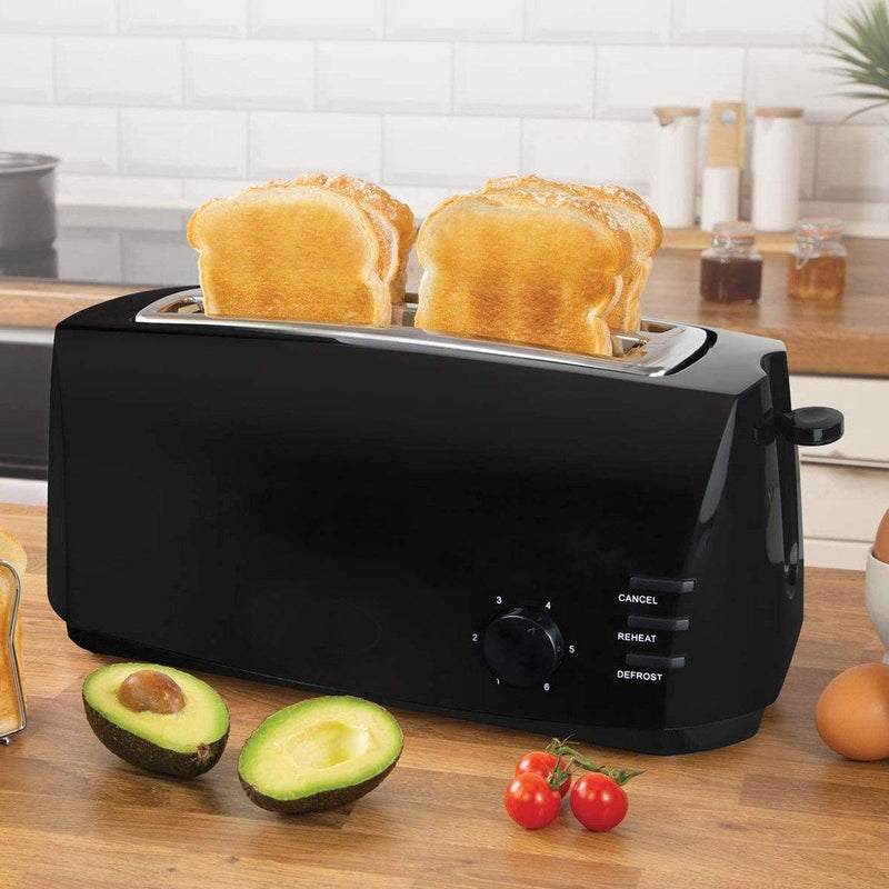 tooltime Toasters 1400W BLACK 4-SLICE WIDE SLOT BAGEL MUFFIN TOASTER VARIABLE BROWNING & DEFROST