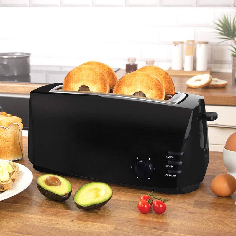 tooltime Toasters 1400W BLACK 4-SLICE WIDE SLOT BAGEL MUFFIN TOASTER VARIABLE BROWNING & DEFROST