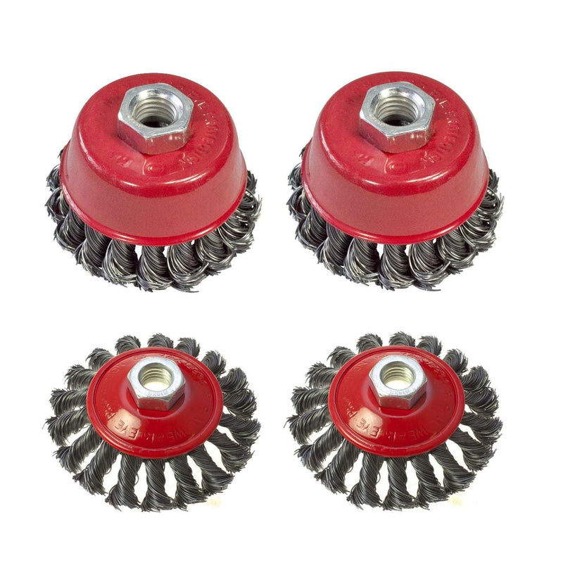 tooltime Twist Knot Wire Cup Brush 4" & 3" DIA TWIST KNOT WIRE WHEEL & CUP BRUSH SETS M14 FOR ANGLE GRINDERS