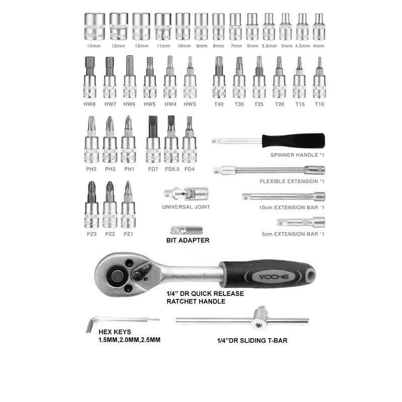 1/4" Drive Socket & Bits Set 46pc CRV Steel Torx Star Pozi Phillips + Case Voche