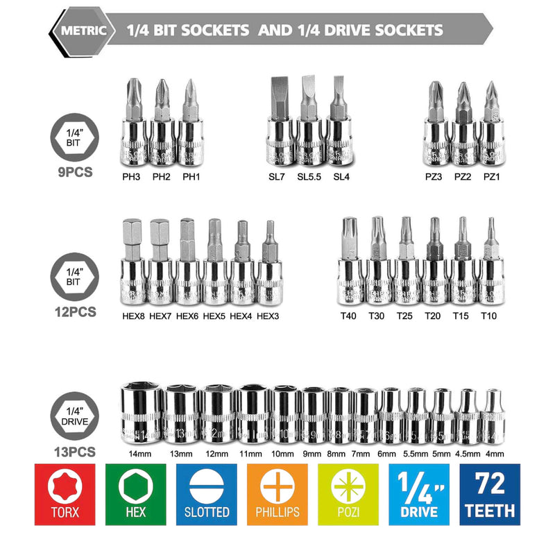 1/4" Drive Socket & Bits Set 46pc CRV Steel Torx Star Pozi Phillips + Case Voche