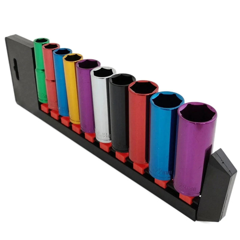 Voche Pro 10 Piece 1/2" Deep Drive Coloured Socket Set With Storage Rail