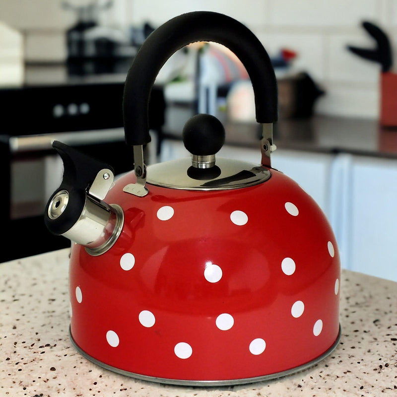 Voche Whistling Stovetop Kettle Voche 2.5 Litre Stainless Steel Whistling Stovetop Kettle | Red with White Polka Dots