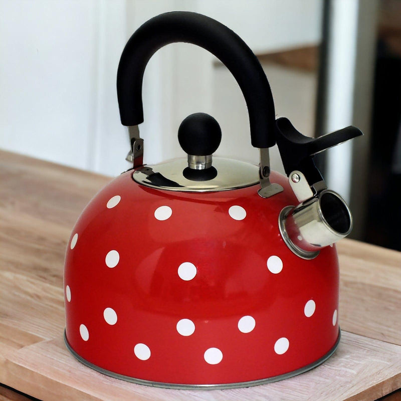 Voche Whistling Stovetop Kettle Voche 2.5 Litre Stainless Steel Whistling Stovetop Kettle | Red with White Polka Dots