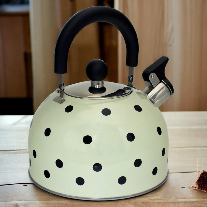 Voche Whistling Stovetop Kettle Voche 2.5 Litre Stainless Steel Whistling Stovetopv Kettle | Cream with Black Polka Dots