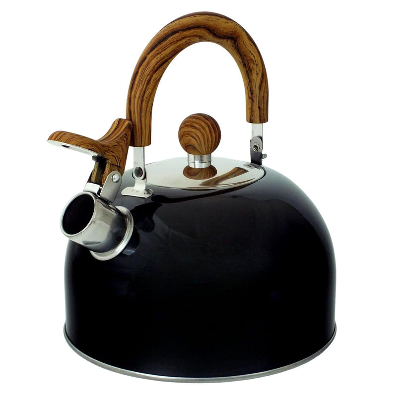 Voche Whistling Stovetop Kettle Voche 2.5L Black Whistling Stovetop Kettle with Wood Effect Soft Grip Handle