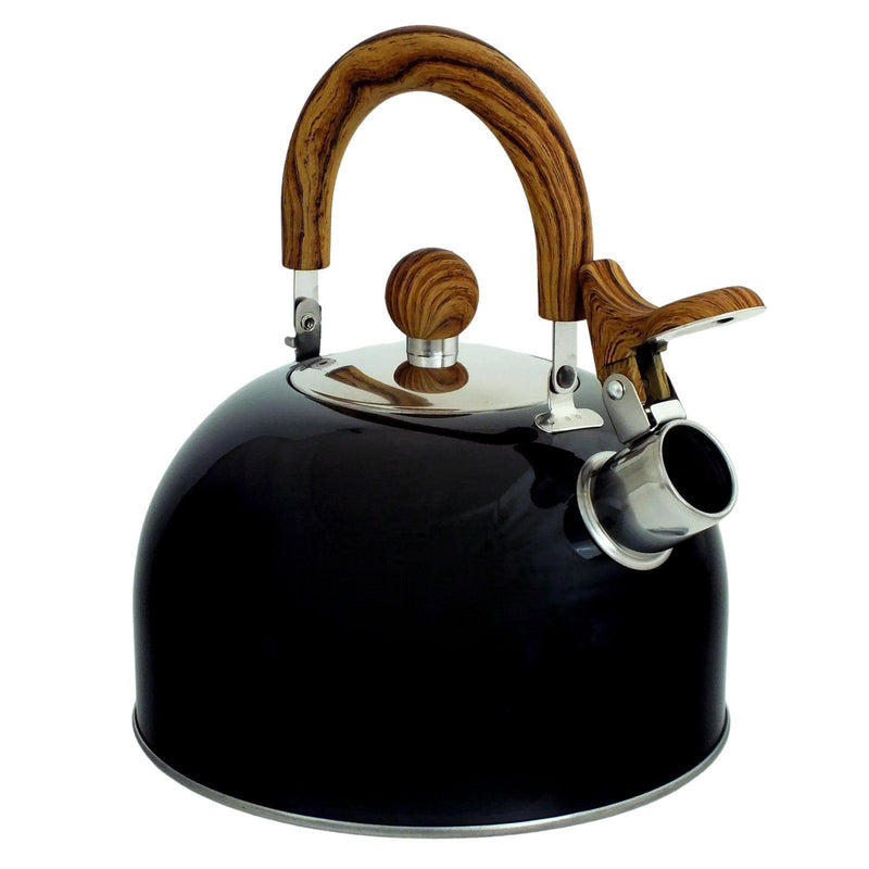 Voche Whistling Stovetop Kettle Voche 2.5L Black Whistling Stovetop Kettle with Wood Effect Soft Grip Handle