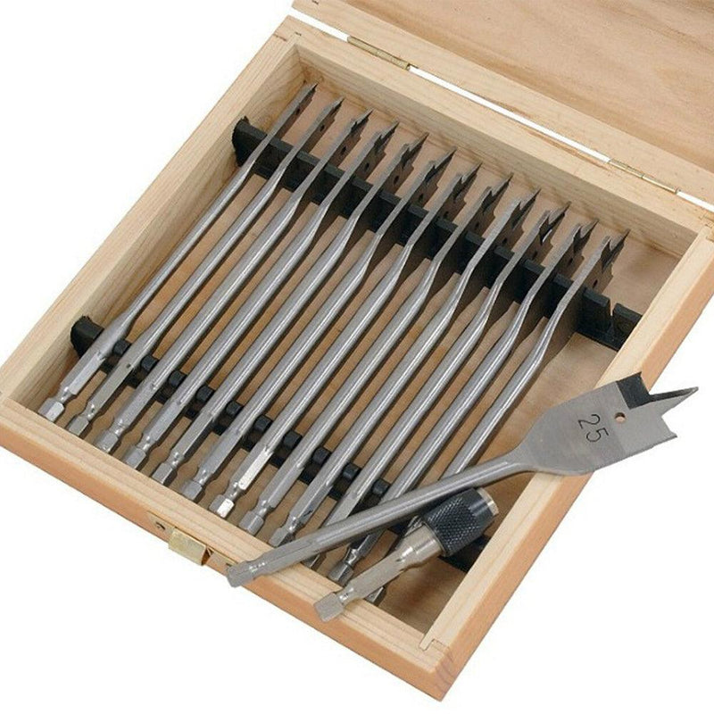 14pc Wood Drill Bit Set Spade Flat Hex Shank 6-25mm 150mm Case & Quick Adaptor - tooltime.co.uk