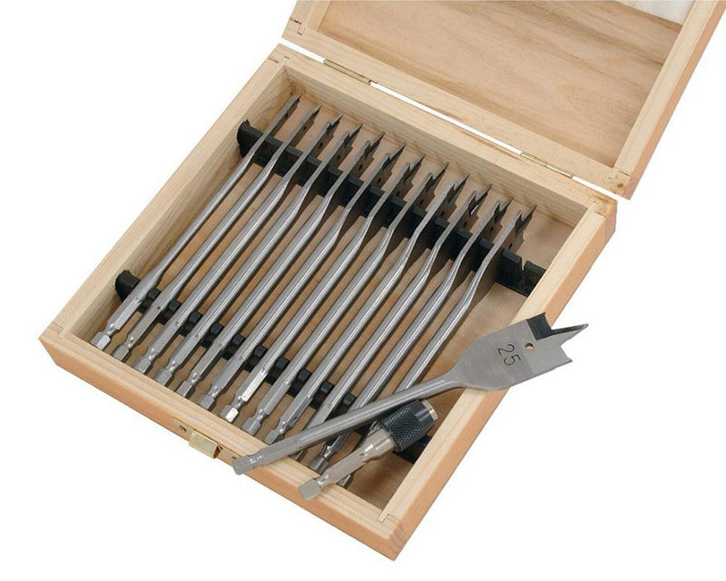 14pc Wood Drill Bit Set Spade Flat Hex Shank 6-25mm 150mm Case & Quick Adaptor - tooltime.co.uk